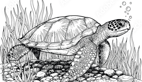 Underwater turtle coloring page for kids and adults