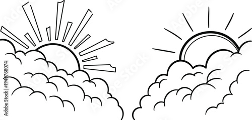 Sun and rainbow coloring page for kids with clouds