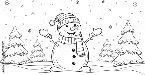Free snowman winter wonderland coloring page for kids and adults
