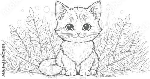 Cute cat coloring page for kids and adults free printable feline illustration