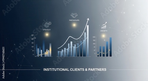 Professional financial services presentation visual featuring high level data graphics and strategic business concepts for institutional clients and partners. no human,no face,