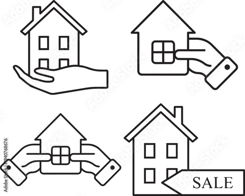 Home Ownership Concepts: A collection of line art illustrations, featuring concepts related to real estate transactions, from presenting the home to highlighting the sale