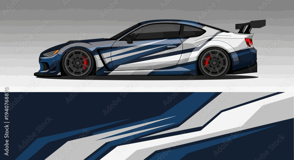 Naklejka premium Dynamic blue and white race car illustration with bold angular graphics and speed lines.