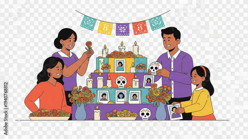 Family celebrating day of the dead with traditional altar and food