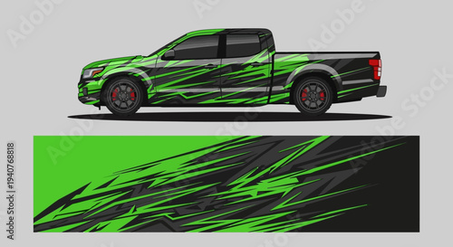 Stylized green and black pickup truck with abstract graphic swoosh.