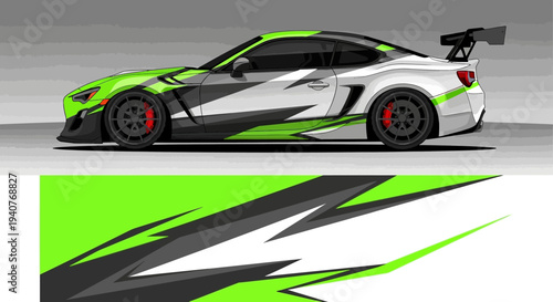 Sleek neon green race car with bold black and white graphics on a glossy track.