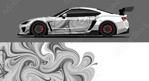 Dynamic white sports car beside an abstract swirled background texture.