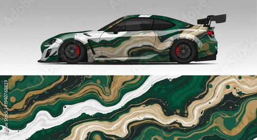 Sleek camouflage wrapped sports car showcased with dynamic lines and aerodynamic design in motion.