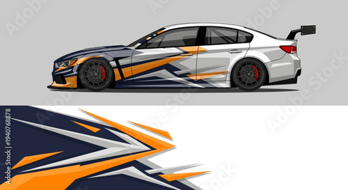 Sleek stylized race car with orange and blue decals in motion illustration.