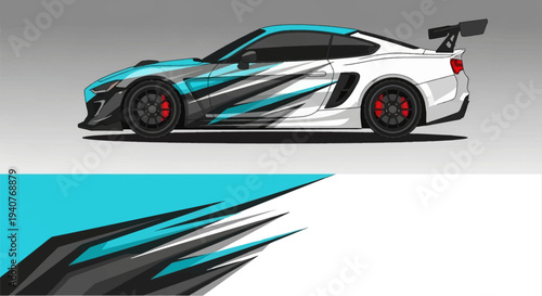 Sleek white sports car with blue black racing graphics and prominent spoiler.