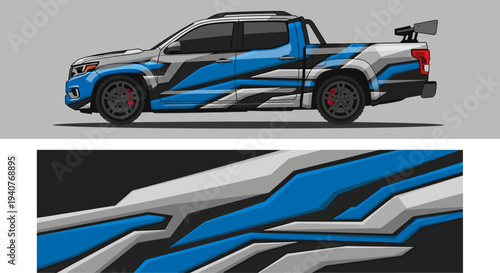 Sleek blue and white racecar featuring dynamic graphics and aerodynamic design with bold lines.