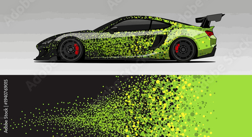 Side Profile of a High Performance Green Camouflage Sports Car in Studio Lighting.
