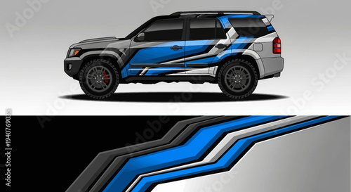 Blue and black racing stripe SUV car on studio white background.