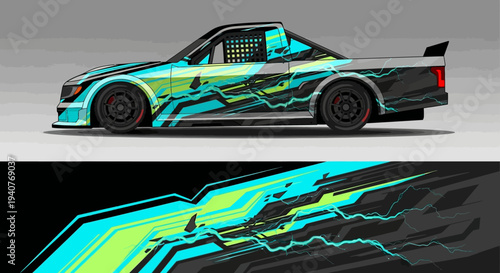 Vibrant neon graphic race car with turquoise and lime accents in dynamic street-trace livery design.