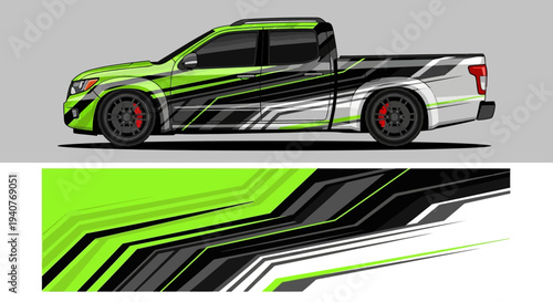 Dynamic green and black racing graphic wrap on a pickup truck design.