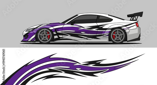 Stylized purple and white race car with dynamic graphic lines and aerodynamic design and motion.