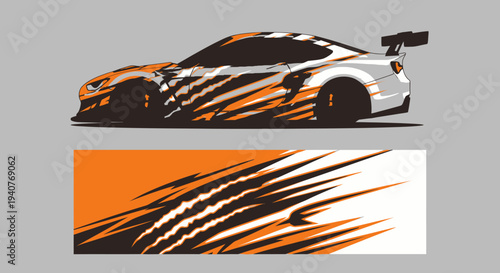 Stylized orange striped sports car graphic on gray background with bold black accents.