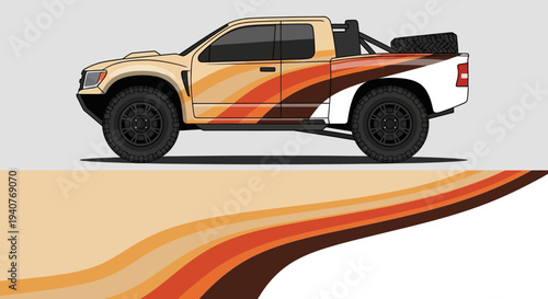 Side view of a bold orange flame-wrapped pickup truck with sweeping graphics and flowing stripe design.