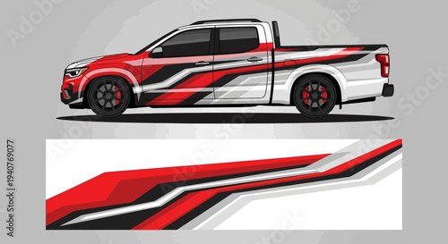 Graphic-wrapped pickup truck with bold red, white, and black stripes design showcasing automotive graphics.