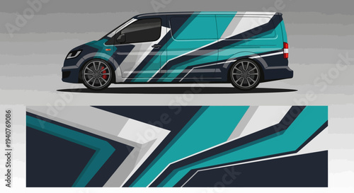 Sporty van with teal and blue geometric wrap design under a gradient background.