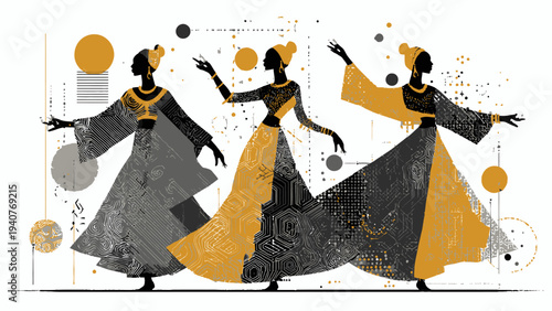 Flat vector illustration Three graceful women in traditional attire with digital textures, dancing vibrantly in a modern cultural celebration