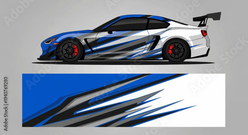 Side Profile of a Blue and White Racecar with Striking Graphics and Aerodynamic Design.