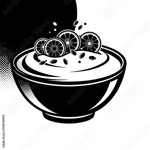 Stylish black and white yogurt bowl illustration with orange slices and seeds