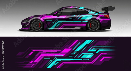 Colorful neon themed sports car with futuristic circuit pattern and sleek aerodynamic design.