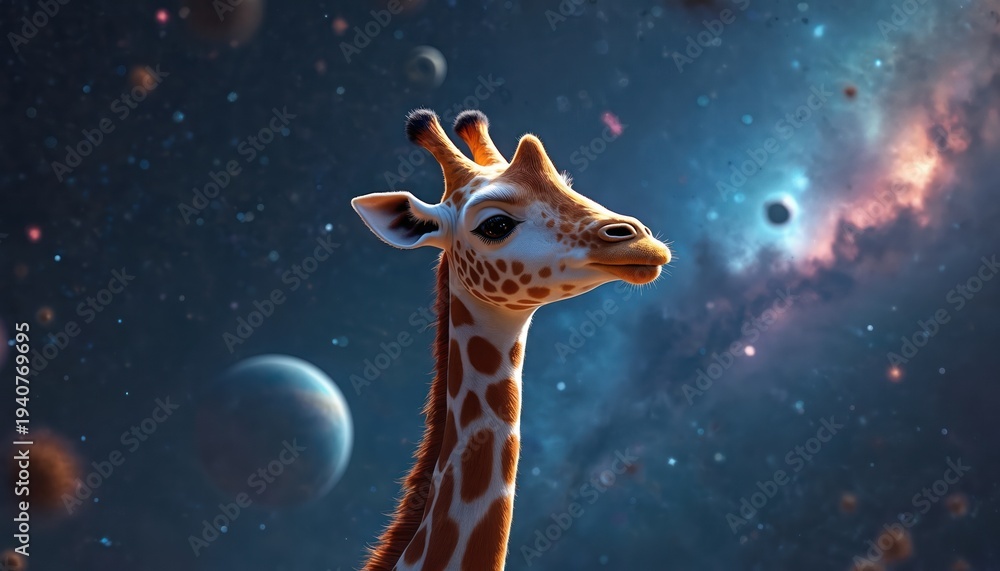 Fototapeta premium Giraffe head and neck in deep space, stars planets nebulae background. Cute animal cartoon character, fantasy sci fi art. Exploration, discovery, wonder, imagination, cosmos.