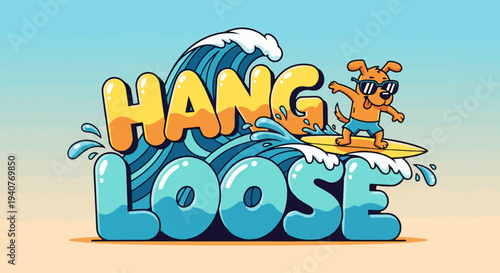 Playful dog surfing with hang loose text in fun beach scene