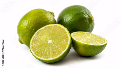 Fresh limes with cut halves on white background