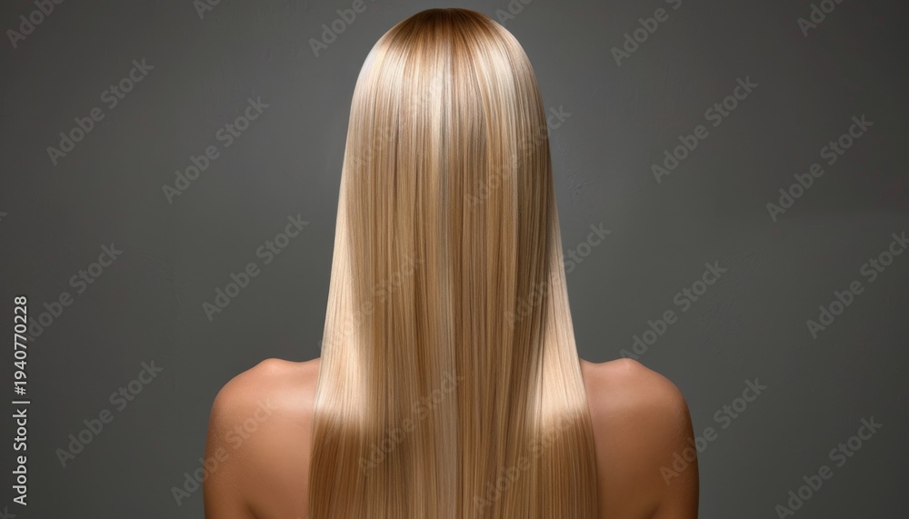 Fototapeta premium Long, silky blonde hair flowing gracefully down a woman's back against a soft gray background