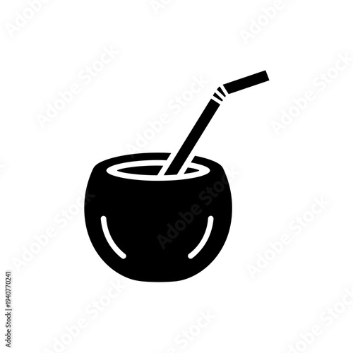 Coconut drink vector icon black silhouette. summer refreshing tropical beverage