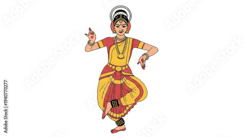 Traditional indian bharatanatyam dancer in yellow and red costume with ornate jewelry and headdress performing