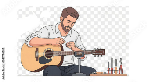 Man tuning acoustic guitar with tools on table focused musician in workshop setting