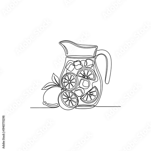 Lemonade pitcher continuous line drawing. refreshing summer drink with lemons