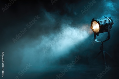 Bright Stage Spotlight Illuminating Smoky Dark Background with Dramatic Light Beam.