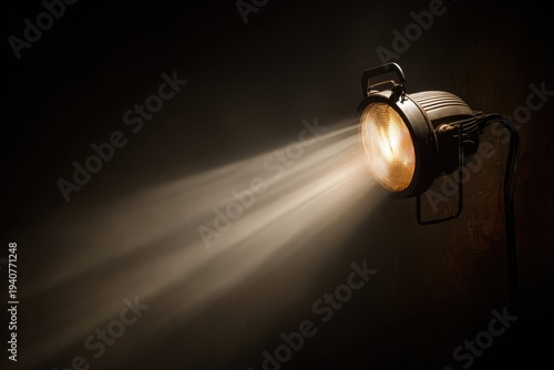 Bright theatrical spotlight illuminates a dark stage with a strong, focused beam of light, creating a dramatic atmosphere for a performance or event.