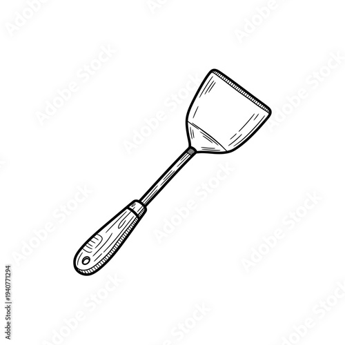 Hand drawn illustration of kitchen spatula with wooden handle isolated on white background