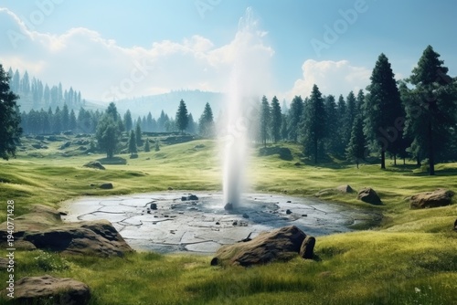 A fountain located in the center of a grassy field. This picture can be used to depict a peaceful outdoor scene or to symbolize the beauty of nature.