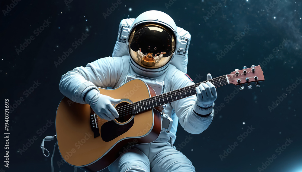 Fototapeta premium Astronaut plays acoustic guitar in outer space. Stars and nebulae create a dark cosmic backdrop. This scene blends music, space exploration, and creative fantasy.