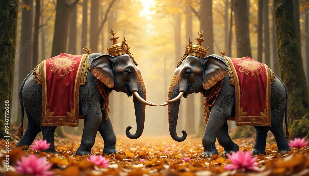 Fototapeta premium Two elephants in ornate crowns and red blankets walk in a sunlit forest. Pink lotuses bloom on the fallen autumn leaves. Elephants display grandeur in a magical woodland setting.