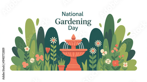 Vibrant national gardening day illustration with orange fountain surrounded by lush greenery and colorful flowers in a serene garden setting