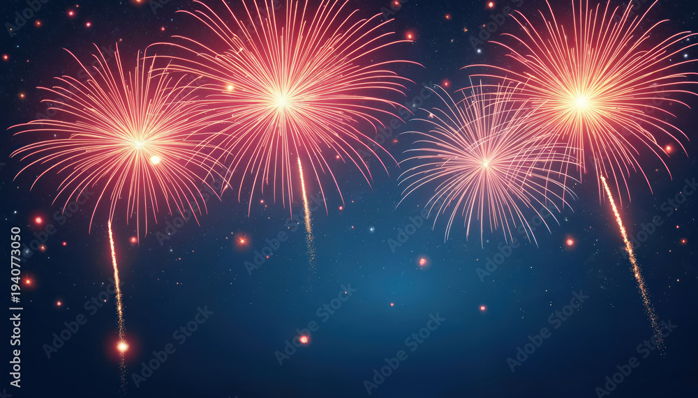 Obraz premium Bright red fireworks burst in dark night sky full of stars. Explosions light up the sky, celebrating event with dazzling display. Background art for national holidays and parties.