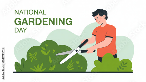 Man pruning plants with scissors on national gardening day cartoon style green foliage orange shirt simple background