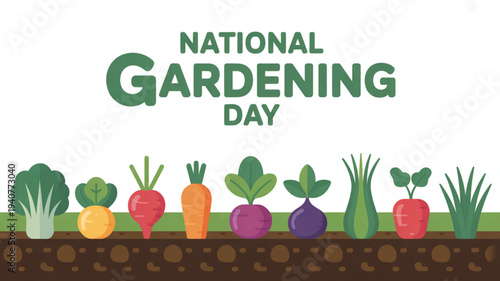 Colorful national gardening day illustration with vegetables and plants growing in soil celebrating gardening hobby and green lifestyle