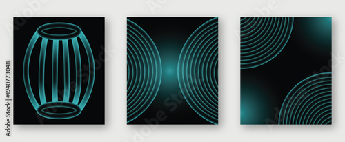 Set of abstract cyan glowing geometric line patterns on black.