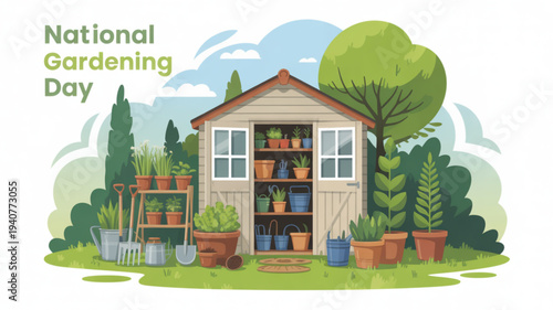 Gardening shed surrounded by lush plants and gardening tools on national gardening day serene outdoor setting with various potted plants