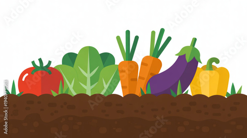 Colorful cartoon vegetables growing in fertile soil including tomato lettuce carrots eggplant and pepper in a vibrant garden scene