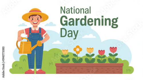 Happy gardener in hat and overalls watering colorful tulips in garden bed on national gardening day with cloudy sky background